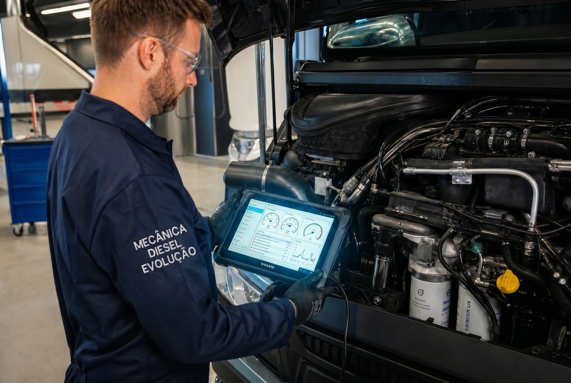 Diagnóstico eletrônico de motor diesel de caminhão com scanner automotivo