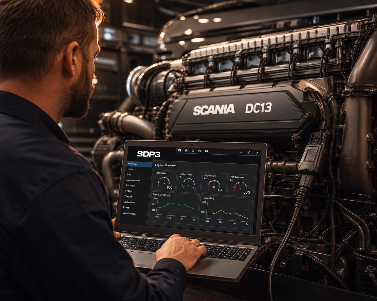 Diagnóstico eletrônico em motor Scania DC13 com o software oficial SDP3 rodando no notebook
