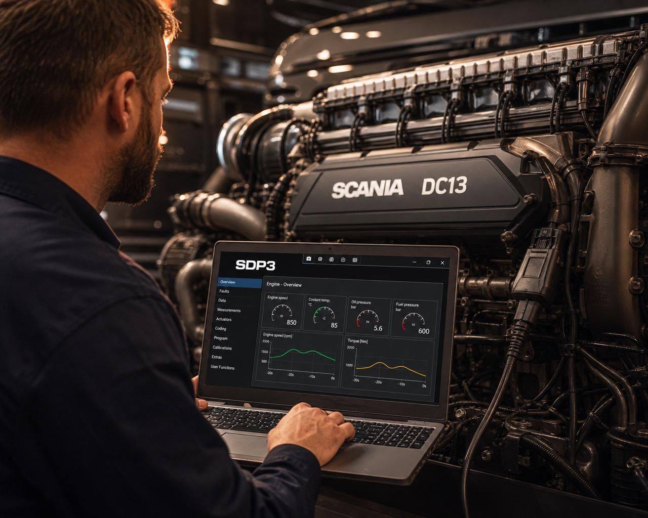 Diagnóstico eletrônico em motor Scania DC13 com o software oficial SDP3 rodando no notebook