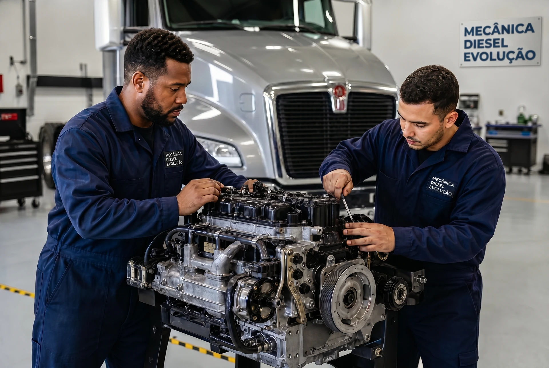 Mecânico da Diesel Evolução trabalhando em motor de caminhão diesel na oficina