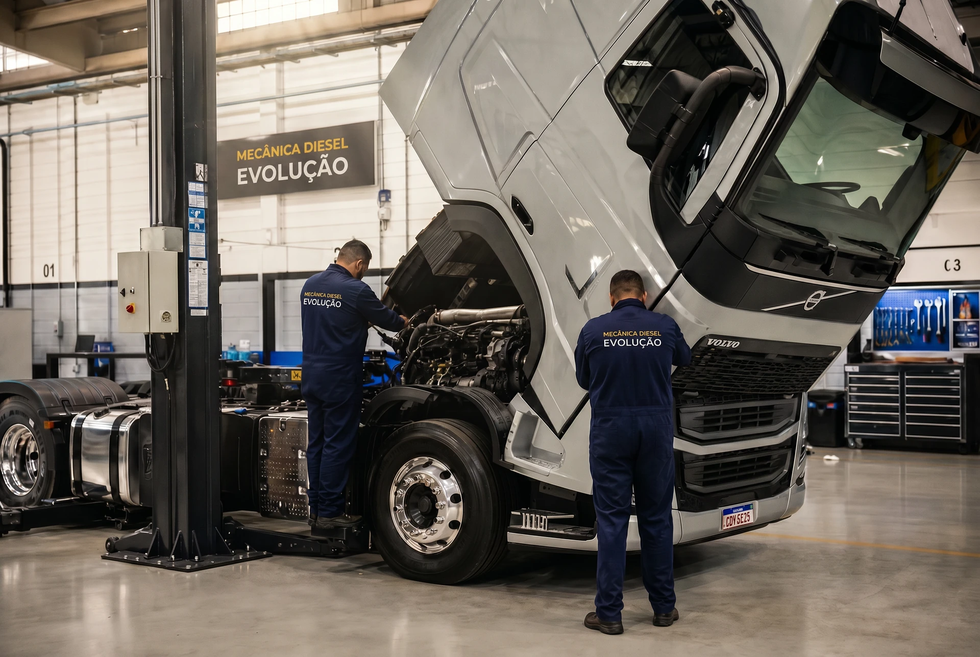 Caminhão diesel pesado sobre elevador na oficina Diesel Evolução em Presidente Dutra - MA