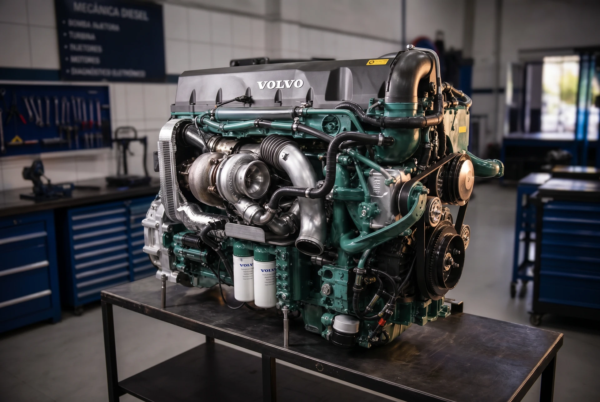 Motor diesel de caminhão em manutenção na oficina Diesel Evolução